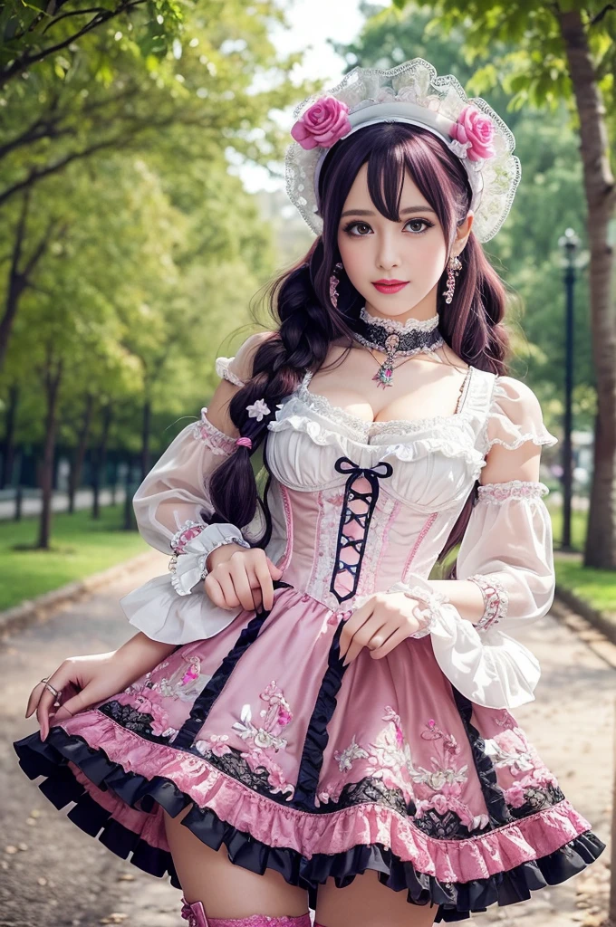 sexy stylish female model, only 1 female, ((doll-like appearance)), long neon pink stylish hair, ((ultra detailed Victorian-Style boots)), beautiful smile, ultra detailed eyes, vivid eye makeup, lipgloss, long lashes, defined eyebrows, ((sexy Paradise Kiss cosplay)), bell-shaped skirt, petticoats, high neckline, puffed sleeves, (( ultra detailed lace)), ((ultra detailed embroidery)), intricate details, Paradise Kiss accessoires and matching headpiece, choker, ((large sparkling Paradise Kiss jewelry)), cinematic light, detailed large park background with trees 