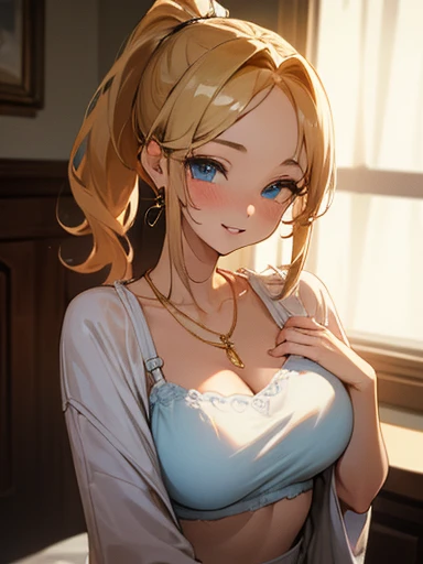 masterpiece, best quality, ultra-detailed, kawaii, cute, lovely, sexy, ero, extremely detailed, 4K, 8K, best quality, beautiful, upper body, standing,in the room, luxury bed, night, a pretty woman, solo, underwear, beautiful gold hair, beautiful light blue eyes, beautiful eyes, white-skinned, ponytail, center parted bangs,large breast, earrings, necklace, smile, parted lips,blush