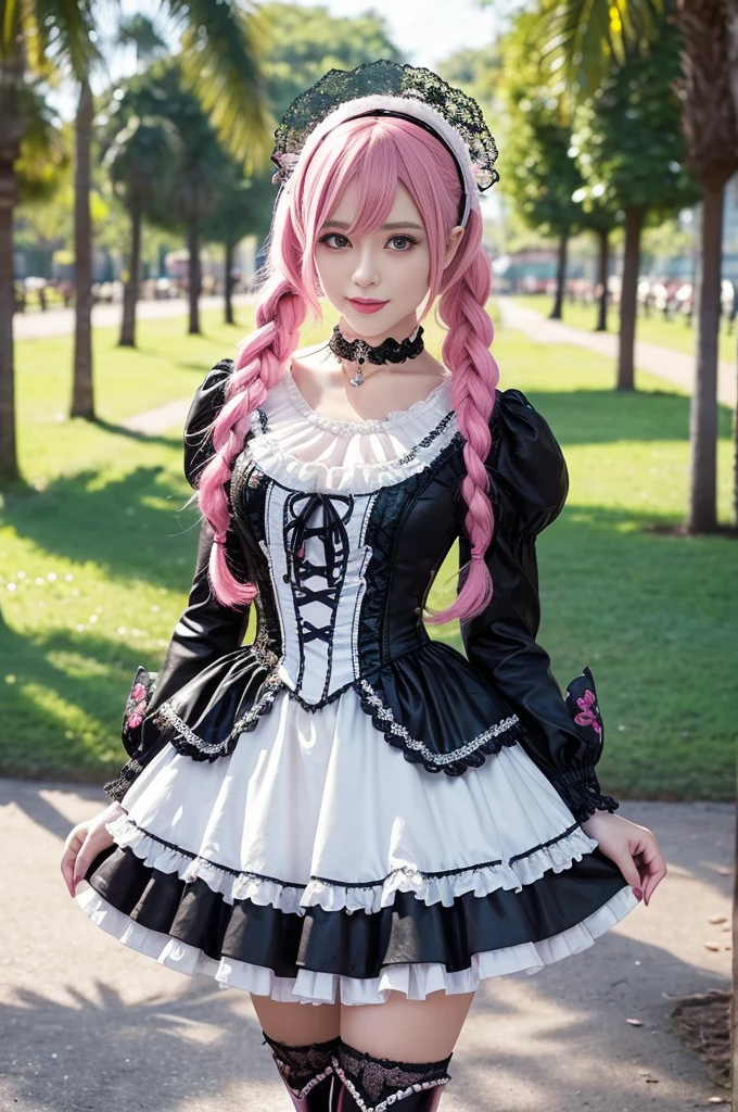 sexy stylish Swedish model, only 1 female, ((doll-like appearance)), long neon pink stylish hair, ((shiny Victorian-Style boots)), beautiful smile, ultra detailed eyes, vivid eye makeup, lipgloss, long lashes, defined eyebrows, ((sexy Paradise Kiss cosplay)), bell-shaped skirt, petticoats, high neckline, puffed sleeves, (( ultra detailed lace)), ((ultra detailed embroidery)), intricate details, Paradise Kiss accessoires and matching headpiece, choker, ((large sparkling Paradise Kiss jewelry)), cinematic light, detailed large park background with trees