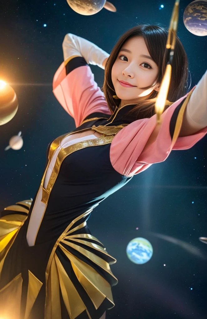 (Original photo, highest quality), (Actual, Photorealism:1.3), 1 girl, Bobcut、Earrings、smile、Actualbody,Old space costume、Ancient、rock、Ancientの儀式、Pyramid-shaped UFO from outer space、Laser light、 ((Japan 13-year-old girl)), ((Underarm hair、Underarm hairを見せる、Raise your arms、Underarm))