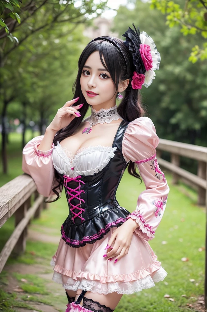 sexy stylish Spanish model, only 1 female, ((doll-like appearance)), long neon pink stylish hair, ((ultra detailed Victorian-Style boots)), beautiful smile, ultra detailed eyes, vivid eye makeup, lipgloss, long lashes, defined eyebrows, ((sexy Paradise Kiss cosplay)), bell-shaped skirt, petticoats, high neckline, puffed sleeves, (( ultra detailed lace)), ((ultra detailed embroidery)), intricate details, Paradise Kiss accessoires and matching headpiece, choker, ((large sparkling Paradise Kiss jewelry)), cinematic light, detailed large park background with trees