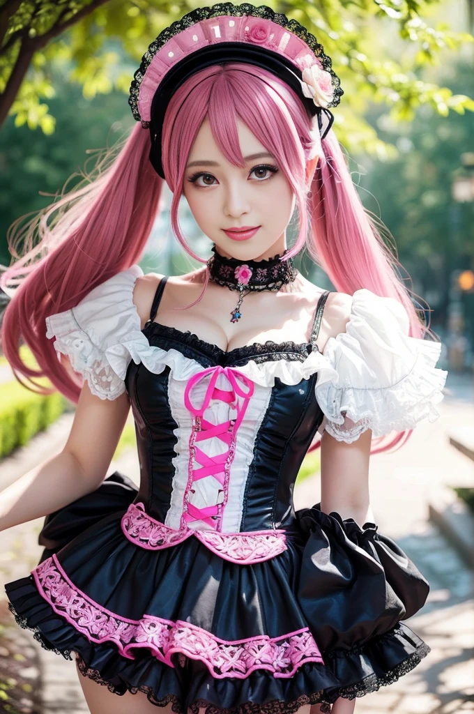 sexy stylish female model, only 1 female, ((doll-like appearance)), long neon pink stylish hair, ((ultra detailed Victorian-Style boots)), beautiful smile, ultra detailed eyes, vivid eye makeup, lipgloss, long lashes, defined eyebrows, ((sexy Paradise Kiss cosplay)), bell-shaped skirt, petticoats, high neckline, puffed sleeves, (( ultra detailed lace)), ((ultra detailed embroidery)), intricate details, Paradise Kiss accessoires and matching headpiece, choker, ((large sparkling Paradise Kiss jewelry)), cinematic light, detailed large park background with trees
