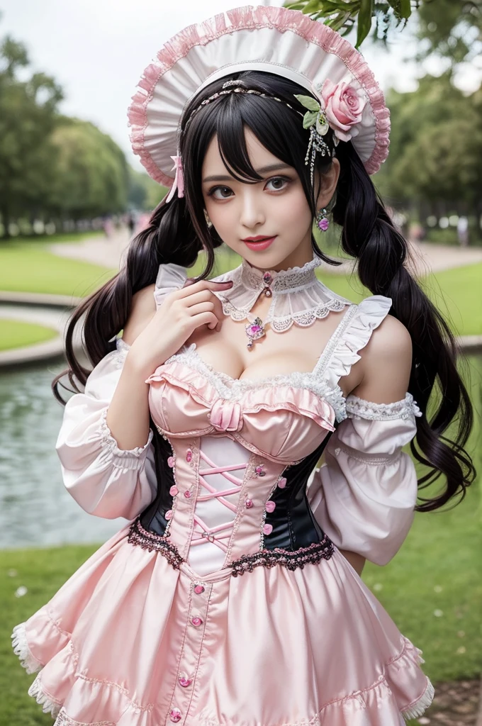 sexy stylish female model, only 1 female, ((doll-like appearance)), long neon pink stylish hair, ((ultra detailed Victorian-Style boots)), beautiful smile, ultra detailed eyes, vivid eye makeup, lipgloss, long lashes, defined eyebrows, ((sexy Paradise Kiss cosplay)), bell-shaped skirt, petticoats, high neckline, puffed sleeves, (( ultra detailed lace)), ((ultra detailed embroidery)), intricate details, Paradise Kiss accessoires and matching headpiece, choker, ((large sparkling Paradise Kiss jewelry)), cinematic light, detailed large park background with trees