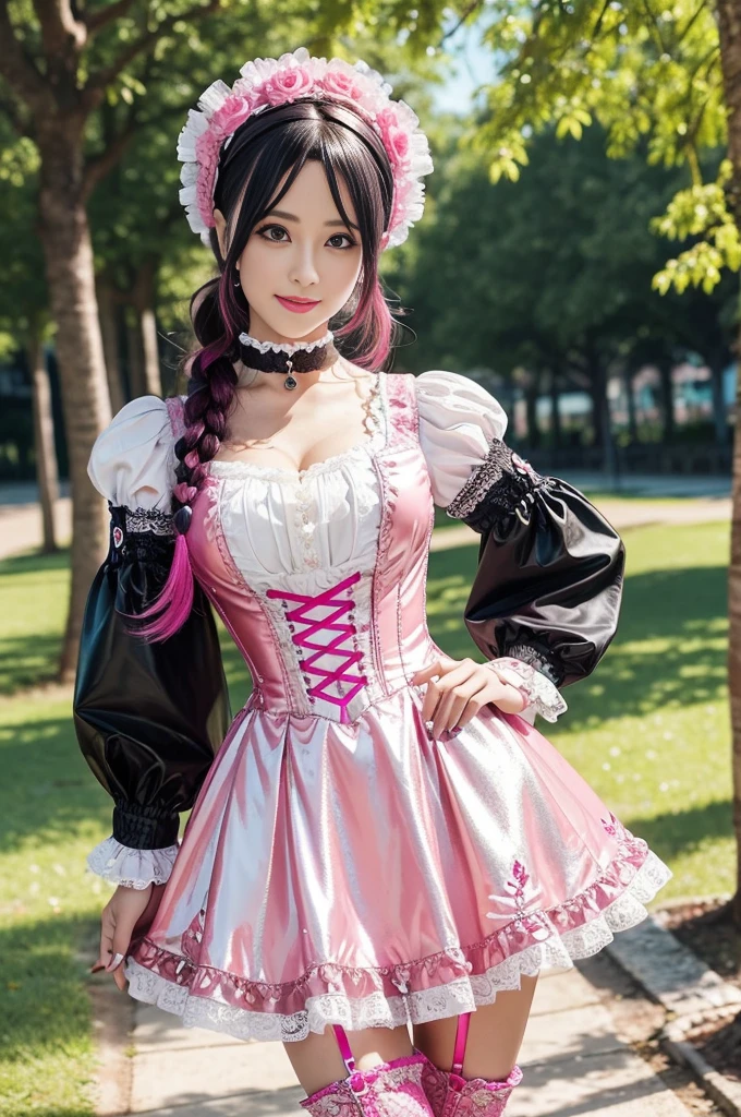 sexy stylish Swedish model, only 1 female, ((doll-like appearance)), long neon pink stylish hair, ((shiny Victorian-Style boots)), beautiful smile, ultra detailed eyes, vivid eye makeup, lipgloss, long lashes, defined eyebrows, ((sexy Paradise Kiss cosplay)), bell-shaped skirt, petticoats, high neckline, puffed sleeves, (( ultra detailed lace)), ((ultra detailed embroidery)), intricate details, Paradise Kiss accessoires and matching headpiece, choker, ((large sparkling Paradise Kiss jewelry)), cinematic light, detailed large park background with trees