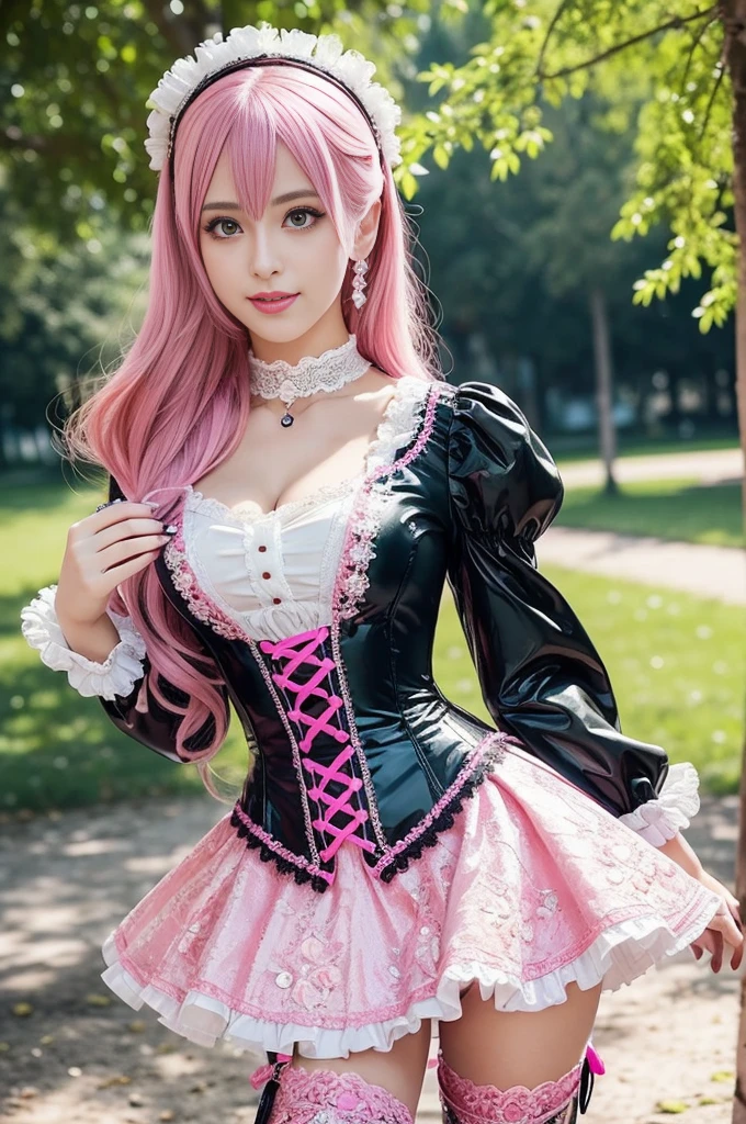 sexy stylish Swedish model, only 1 female, ((doll-like appearance)), long neon pink stylish hair, ((shiny Victorian-Style boots)), beautiful smile, ultra detailed eyes, vivid eye makeup, lipgloss, long lashes, defined eyebrows, ((sexy Paradise Kiss cosplay)), bell-shaped skirt, petticoats, high neckline, puffed sleeves, (( ultra detailed lace)), ((ultra detailed embroidery)), intricate details, Paradise Kiss accessoires and matching headpiece, choker, ((large sparkling Paradise Kiss jewelry)), cinematic light, detailed large park background with trees