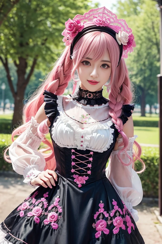 sexy stylish female model, only 1 female, ((doll-like appearance)), long neon pink stylish hair, ((ultra detailed Victorian-Style boots)), beautiful smile, ultra detailed eyes, vivid eye makeup, lipgloss, long lashes, defined eyebrows, ((sexy Paradise Kiss cosplay)), bell-shaped skirt, petticoats, high neckline, puffed sleeves, (( ultra detailed lace)), ((ultra detailed embroidery)), intricate details, Paradise Kiss accessoires and matching headpiece, choker, ((large sparkling Paradise Kiss jewelry)), cinematic light, detailed large park background with trees