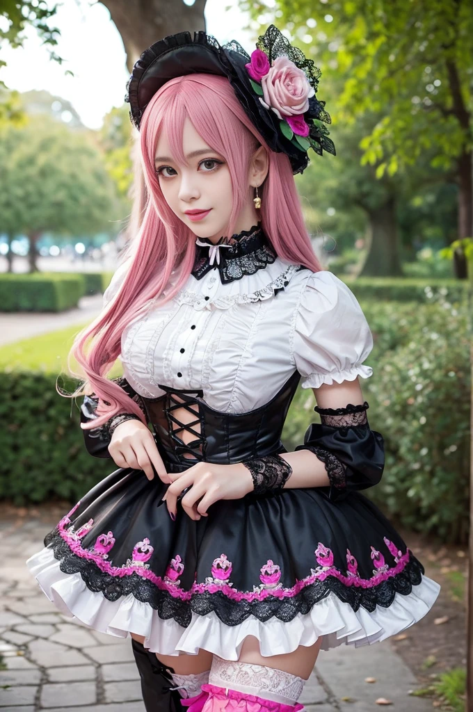 sexy stylish female model, only 1 female, ((doll-like appearance)), long neon pink stylish hair, ((ultra detailed Victorian-Style boots)), beautiful smile, ultra detailed eyes, vivid eye makeup, lipgloss, long lashes, defined eyebrows, ((sexy Paradise Kiss cosplay)), bell-shaped skirt, petticoats, high neckline, puffed sleeves, (( ultra detailed lace)), ((ultra detailed embroidery)), intricate details, Paradise Kiss accessoires and matching headpiece, choker, ((large sparkling Paradise Kiss jewelry)), cinematic light, detailed large park background with trees
