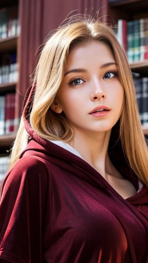 1 girl, dressed, huge maroon hood up, (photo realistic:1.4), (hyper realistic:1.4), (realistic:1.3), (smoother lighting:1.05), (increase cinematic lighting quality:0.9), 32K, 1girl,20yo girl, realistic lighting, backlighting, light on face, ray trace, girl wearing a maroon off shoulder robe, wolf blonde hair with blue eyes, black corset, trimmed leg wear, huge maroon hood up, gorgeous face, high resolution, detailed face, not smiling, long hall library background, hair covering half of the face (brightening light:1.2), (Increase quality:1.4), (best quality real texture skin), finely detailed eyes, finely detailed face, (tired and sleepy and satisfied:0.0), face closeup, t-shirts, (Increase body line mood:1.1), shiny skin