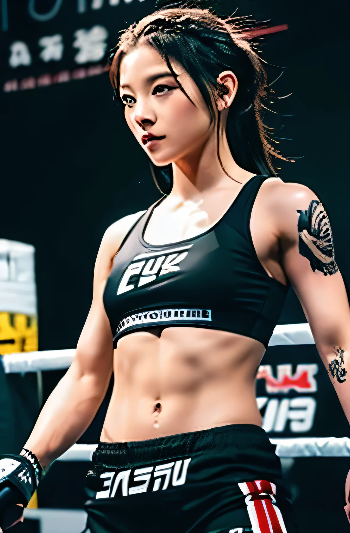 Sexy tattoo beauty woman Japanese and Korean black sportswear mixed martial artist