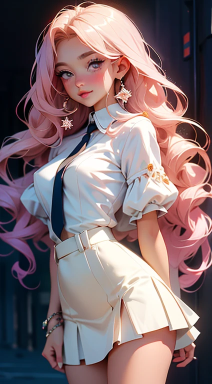 ((highest quality, High resolution,8K)), 1 girl, high school student, beautiful girl, ((white, curly hair:0.8)), (detailed face), (beautiful eyelashes, realistic eyes), (embarrassed, blush:1.3, ecstasy:1.5, , ((smooth texture:0.75, realistic texture:0.65)), medium breasts, perfect body, fully body,, nsfw no bib, small top, short skirt, fully body