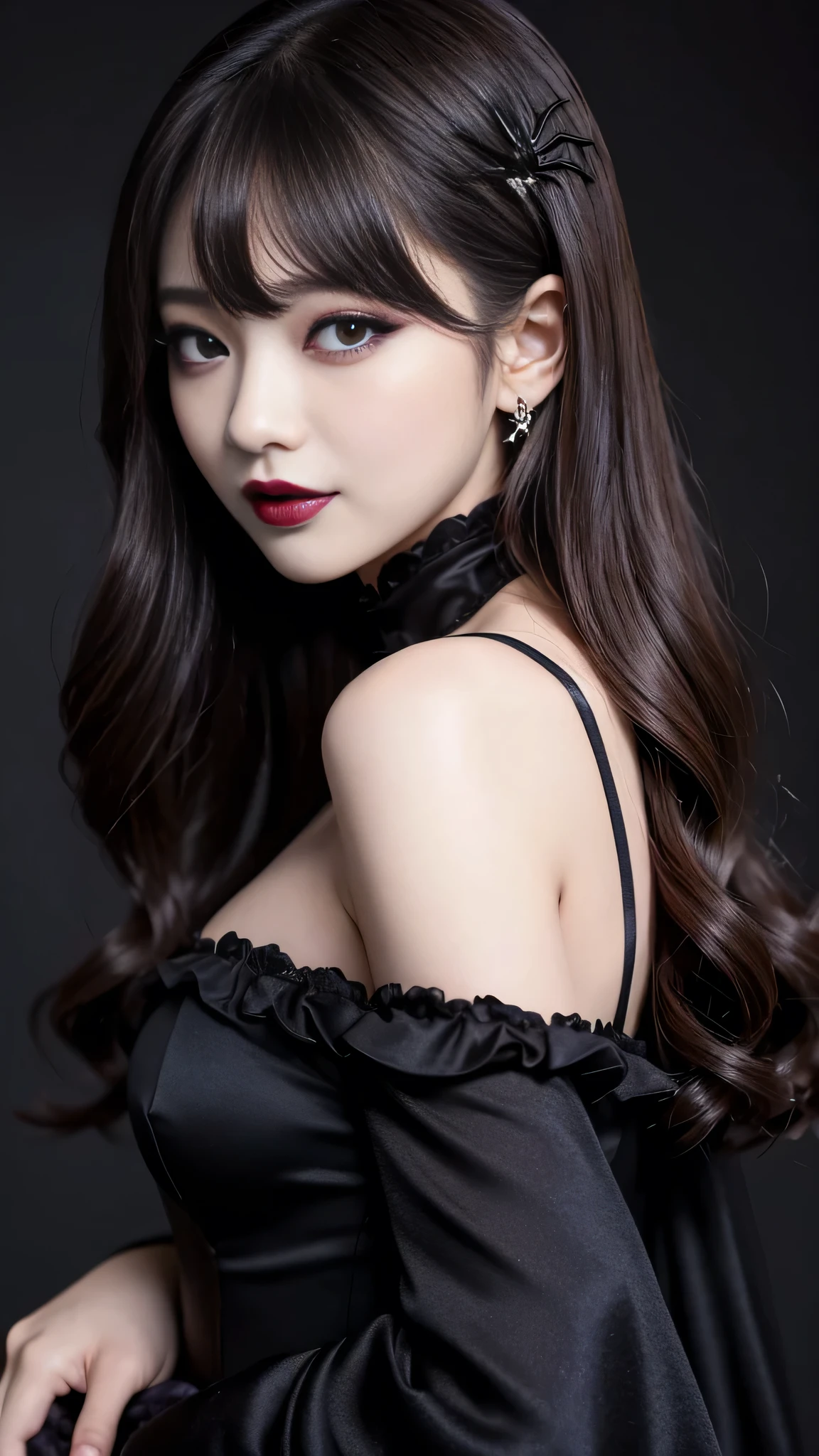 best quality、ultra-detailed、4k、Japanese、Seductive beauty、seductive adult woman、Pretty Woman、cool girl、Villainess、Brainwashed、brainwash、Fallen into evil、smirk、Evil look、Wicked Smile、evil、Brown hair、wavy hair、swept bangs、dark makeup、dark makeup、piercing eyes、hollow eyes,half-closed eyes、Hollow Eyes、purple Eyeshadow、black lipstick、black lipglos、night、inside darkroom、Are standing、shoot from below、Black Wedding Dress、Have lipstick、spider、Emblem of Evil、Crest of Darkness、Swear allegiance、I have pledged my allegiance、Dye black、Blackening、Stained with evil、Dyed in darkness、Seduce