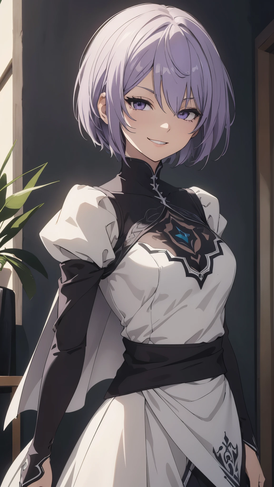 (extremely detailed CG unity 8k wallpaper), (masterpiece), (best quality), (ultra-detailed), (best illustration), (best shadow), (absurdres) ,(detailed eyes), 2b, 1girl, short hair, purple hair, solo, Intimidating women, casual clothes, night, pose, white clothes, elegant outfit , home clothes, Sunlight, exposed to sunlight, fighting pose, wearing cape, smiling