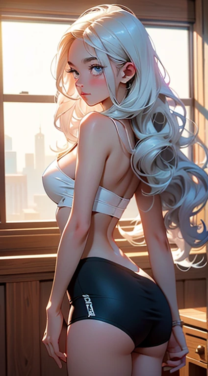 ((highest quality, High resolution,8K)), 1 girl, high school student, beautiful girl, ((white, curly hair:0.8)), (detailed face), (beautiful eyelashes, realistic eyes), (embarrassed, blush:1.3, ecstasy:1.5, , ((smooth texture:0.75, realistic texture:0.65)), medium breasts, perfect body, fully body,, nsfw no bib, tube top, booty shorts, fully body
