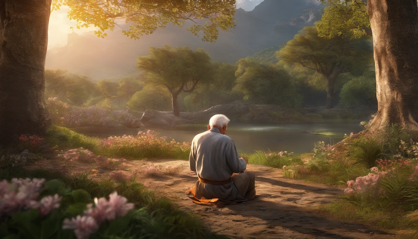 An old man praying on his knees in a forest with flowering trees, um rio ao lado, and a sunset in the background, (melhor qualidade, 4k, high resolution,Obra de arte:1.2), ultra-detalhado, (realista,photorealista:1.37), HDR, cores vivas, Bokeh, retratos, paisagem, 3D rendering, sharp focus, soft lighting