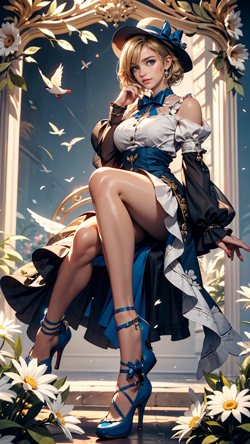 uekura, One girl, Blonde Hair, Have, dress, Blue footwear, wing, Simple Background, sign, flower, Manicure, Wide sleeves, Long sleeve, blush, animal, white flower, alone, whole body, bird, View Viewer, High heels, Put your hand on your cheek, put your hand on your face, Frills, bow, bangs, ribbon, Bell, Blue hat, +_+, shoes下, short hair, Grey Eyes, shoes, Blue Claws, feathered wing, blue bow