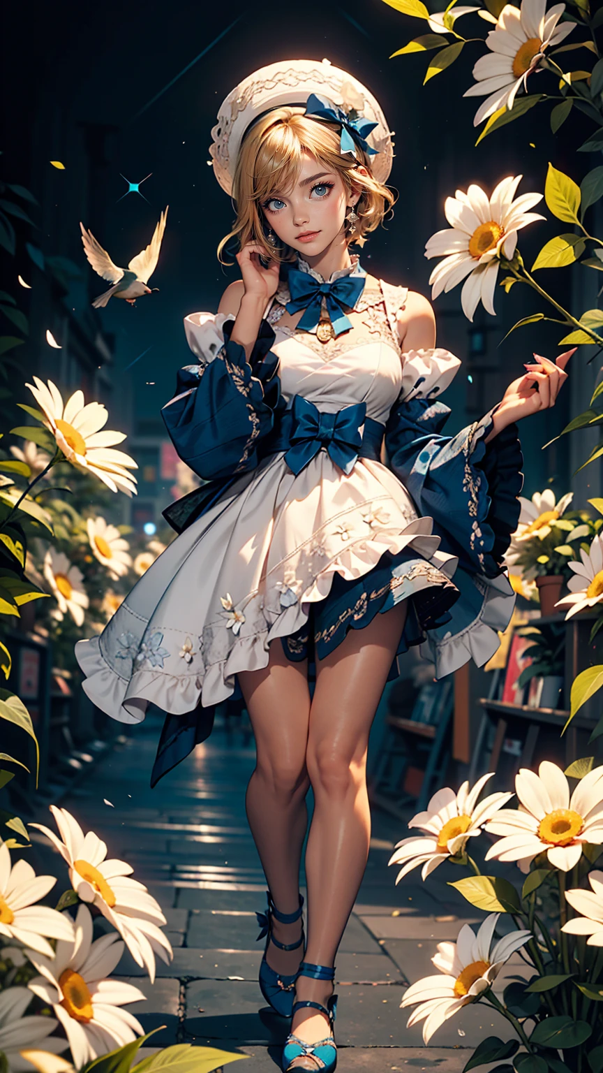 uekura, One girl, Blonde Hair,  Have, dress, Blue footwear, wing, Simple Background, sign, flower, Manicure, Wide sleeves, Long sleeve, blush, animal, white flower, alone, whole body, bird, View Viewer, High heels, Put your hand on your cheek, put your hand on your face, Frills, bow, bangs, ribbon, Bell, Blue hat, +_+, shoes下, short hair, Grey Eyes, shoes, Blue Claws, feathered wing, blue bow