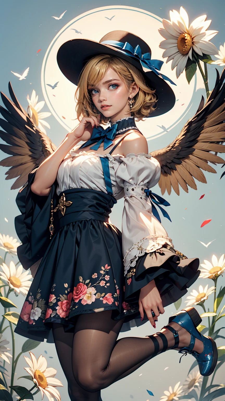 uekura, One girl, Blonde Hair, Have, dress, Blue footwear, wing, Simple Background, sign, flower, Manicure, Wide sleeves, Long sleeve, blush, animal, white flower, alone, whole body, bird, View Viewer, High heels, Put your hand on your cheek, put your hand on your face, Frills, bow, bangs, ribbon, Bell, Blue hat, +_+, shoes下, short hair, Grey Eyes, shoes, Blue Claws, feathered wing, blue bow