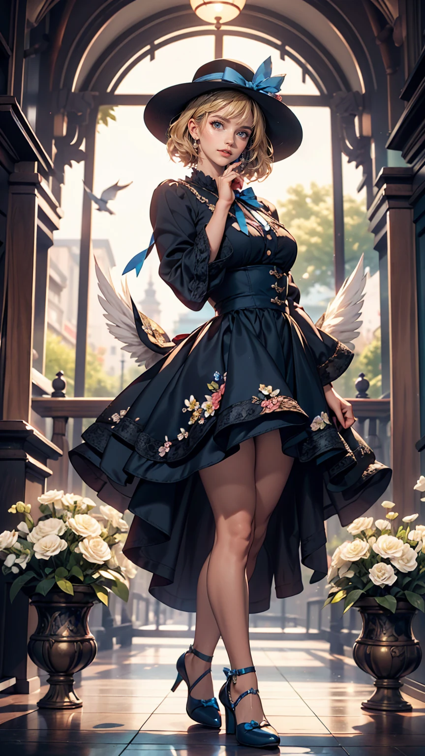 uekura, One girl, Blonde Hair, Have, dress, Blue footwear, wing, Simple Background, sign, flower, Manicure, Wide sleeves, Long sleeve, blush, animal, white flower, alone, whole body, bird, View Viewer, High heels, Put your hand on your cheek, put your hand on your face, Frills, bow, bangs, ribbon, Bell, Blue hat, +_+, shoes下, short hair, Grey Eyes, shoes, Blue Claws, feathered wing, blue bow