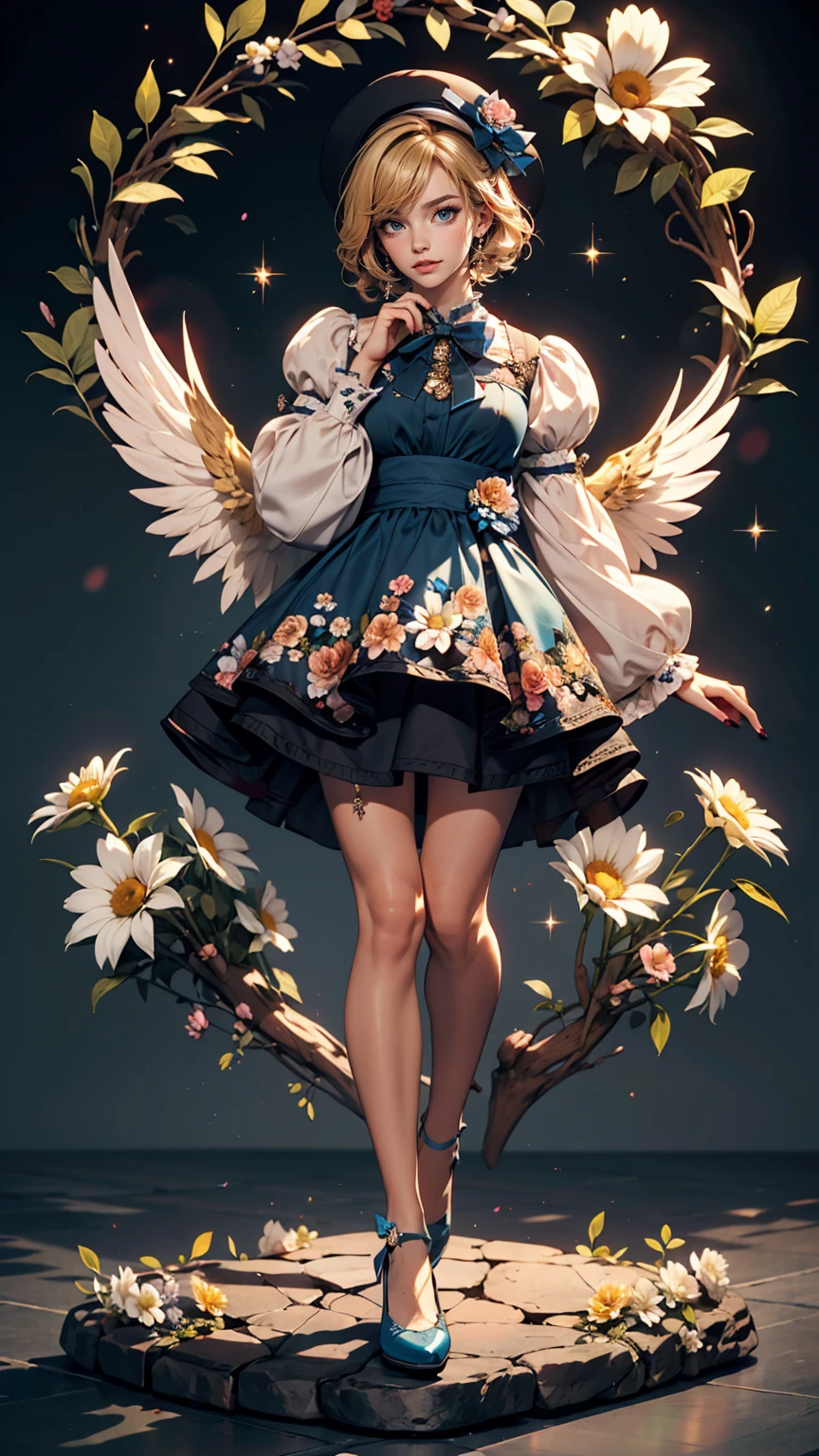 uekura, One girl, Blonde Hair,  Have, dress, Blue footwear, wing, Simple Background, sign, flower, Manicure, Wide sleeves, Long sleeve, blush, animal, white flower, alone, whole body, bird, View Viewer, High heels, Put your hand on your cheek, put your hand on your face, Frills, bow, bangs, ribbon, Bell, Blue hat, +_+, shoes下, short hair, Grey Eyes, shoes, Blue Claws, feathered wing, blue bow