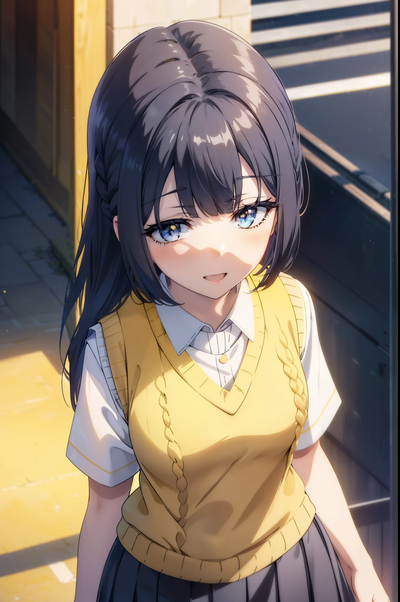 shoukomakinohara, shouko makinohara, Long Hair, blue eyes, Black Hair, Braiding, happy smile, smile, Open your mouth,
break skirt, shirt, , white shirt, Short sleeve, Pleated skirt, collared shirt, White pantyhose,(Black Skirt:1.5), Brown loafers,Sweater vest, (yellow Sweater vest:1.5),morning,morning陽,The sun is rising,Walking,Looking down from above,whole bodyがイラストに入るように,
break outdoors, In town,Building district,
break looking at viewer, whole body,
break (masterpiece:1.2), highest quality, High resolution, unity 8k wallpaper, (figure:0.8), (Beautiful fine details:1.6), Highly detailed face, Perfect lighting, Highly detailed CG, (Perfect hands, Perfect Anatomy),