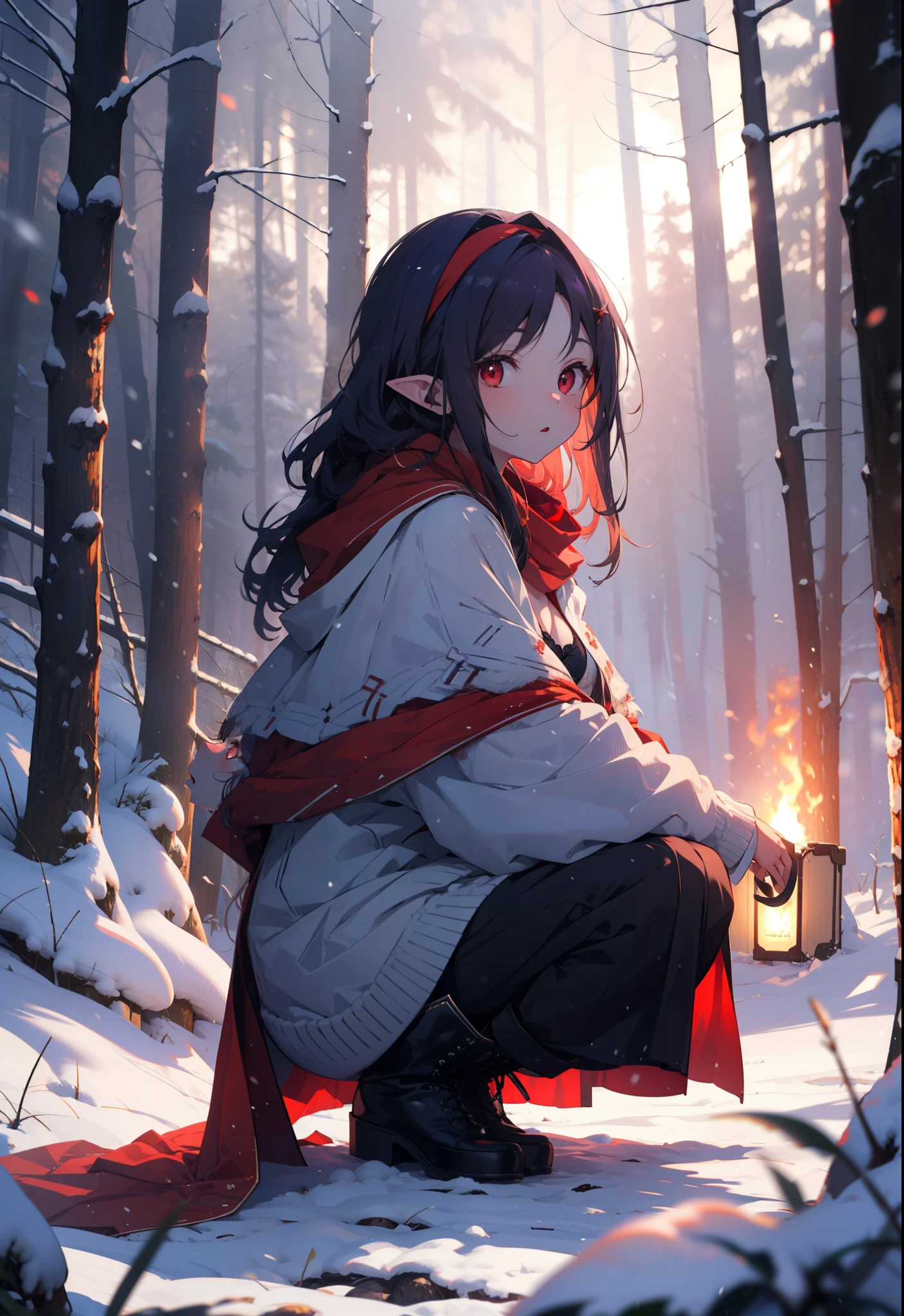 yuukikonno, Yuki Konno, hair band, Long Hair, Pointed Ears, Purple Hair, (Red eyes:1.5), (Small breasts:1.2), Open your mouth,snow, Bonfire , Outdoor, boots, snowing, From the side, wood, suitcase, Cape, Blurred, forest,nature, Squat, Mouth closed, 食べ物ed Cape, winter, Written boundary depth, Black shoes, red Cape
break looking at viewer, Upper Body, whole body,
break Outdoor, forest, nature,
break (masterpiece:1.2), highest quality, High resolution, unity 8k wallpaper, (shape:0.8), (Beautiful and beautiful eyes:1.6), Highly detailed face, Perfect lighting, Extremely detailed CG, (Perfect hands, Perfect Anatomy),