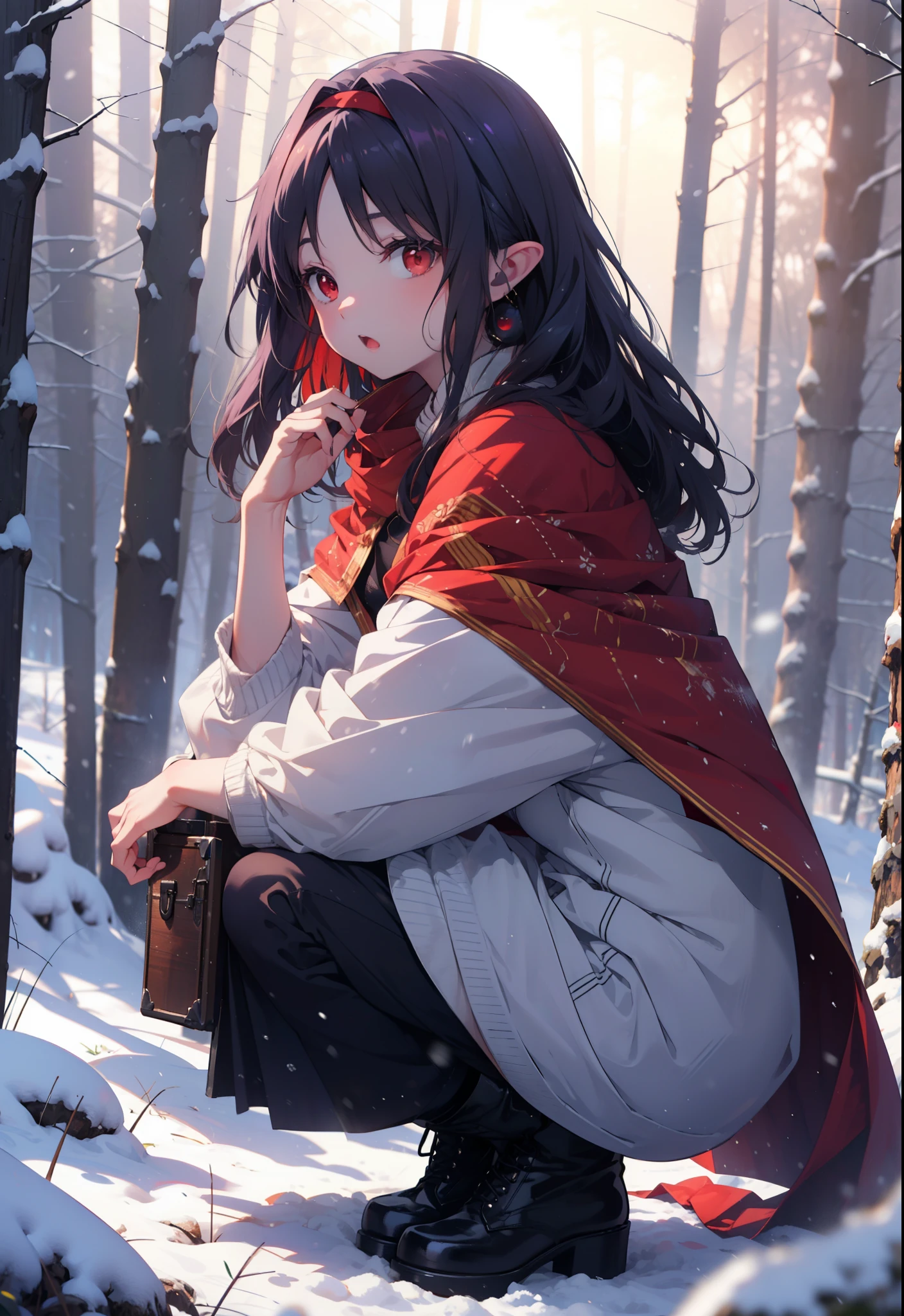 yuukikonno, Yuki Konno, hair band, Long Hair, Pointed Ears, Purple Hair, (Red eyes:1.5), (Small breasts:1.2), Open your mouth,snow, Bonfire , Outdoor, boots, snowing, From the side, wood, suitcase, Cape, Blurred, forest,nature, Squat, Mouth closed, 食べ物ed Cape, winter, Written boundary depth, Black shoes, red Cape
break looking at viewer, Upper Body, whole body,
break Outdoor, forest, nature,
break (masterpiece:1.2), highest quality, High resolution, unity 8k wallpaper, (shape:0.8), (Beautiful and beautiful eyes:1.6), Highly detailed face, Perfect lighting, Extremely detailed CG, (Perfect hands, Perfect Anatomy),