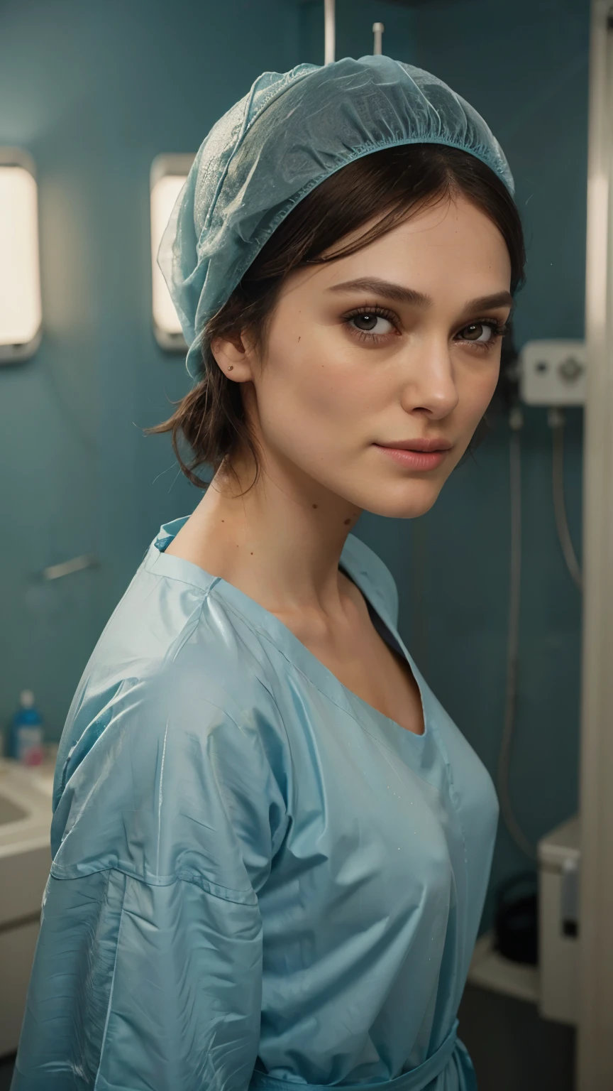 Ultra realistic, pediatric girl patient (Keira Knightley) young ager girl, 14 y Beautiful, detailed face, detailed eyes, (realistic skin:1.3), (pale skin:1.1), (textured skin:1.3), (()), big smile, (iphone photograph), (perfect small breasts:1.1), ), (artificial lighting:1.3), standing in medical changing room, beautiful face, big eyes, big smile, detailed face, wears teal nylon patient gown , putting long patient gown on, back-tied patient gown, female figure, high closed crew-neck, bokeh, all wearing large teal nylon bouffant cap , , large surgical bouffant cap covering hair and ears, ultra-short hair fully covered by nylon shower cap, no hair tails, standing in hospital room