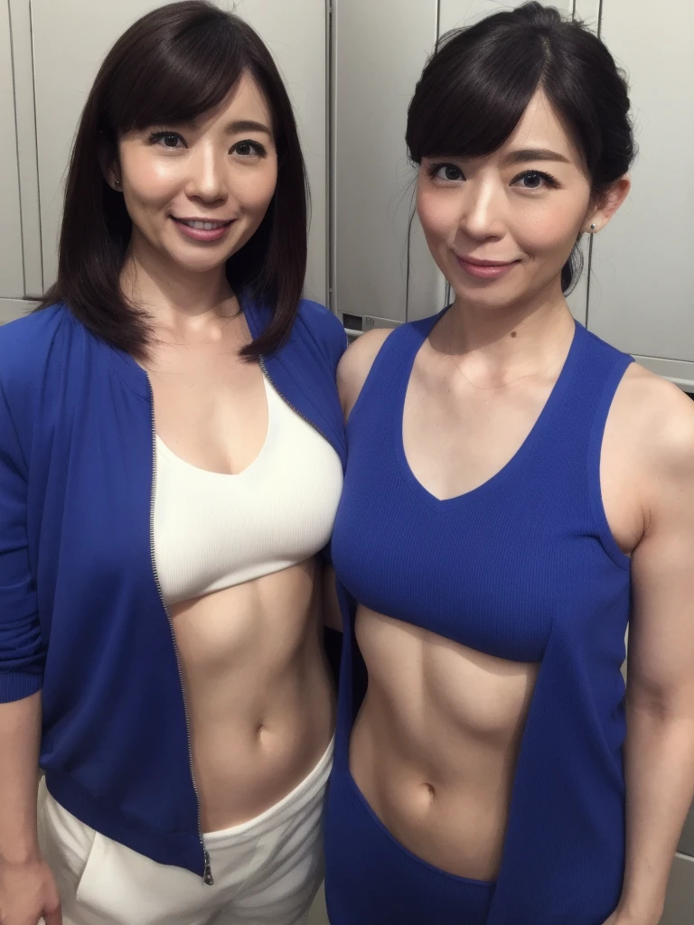 A japanese Lady,masutepiece, High quality, UHD 32K,Live-action adaptation,Muscular realistic face,gigantic huge breasts, Realistic skin feeling,49 years old,solo,muscular,shiny tight open bikini,viewer,erect through,frontal photography,dark locker room,yumiko