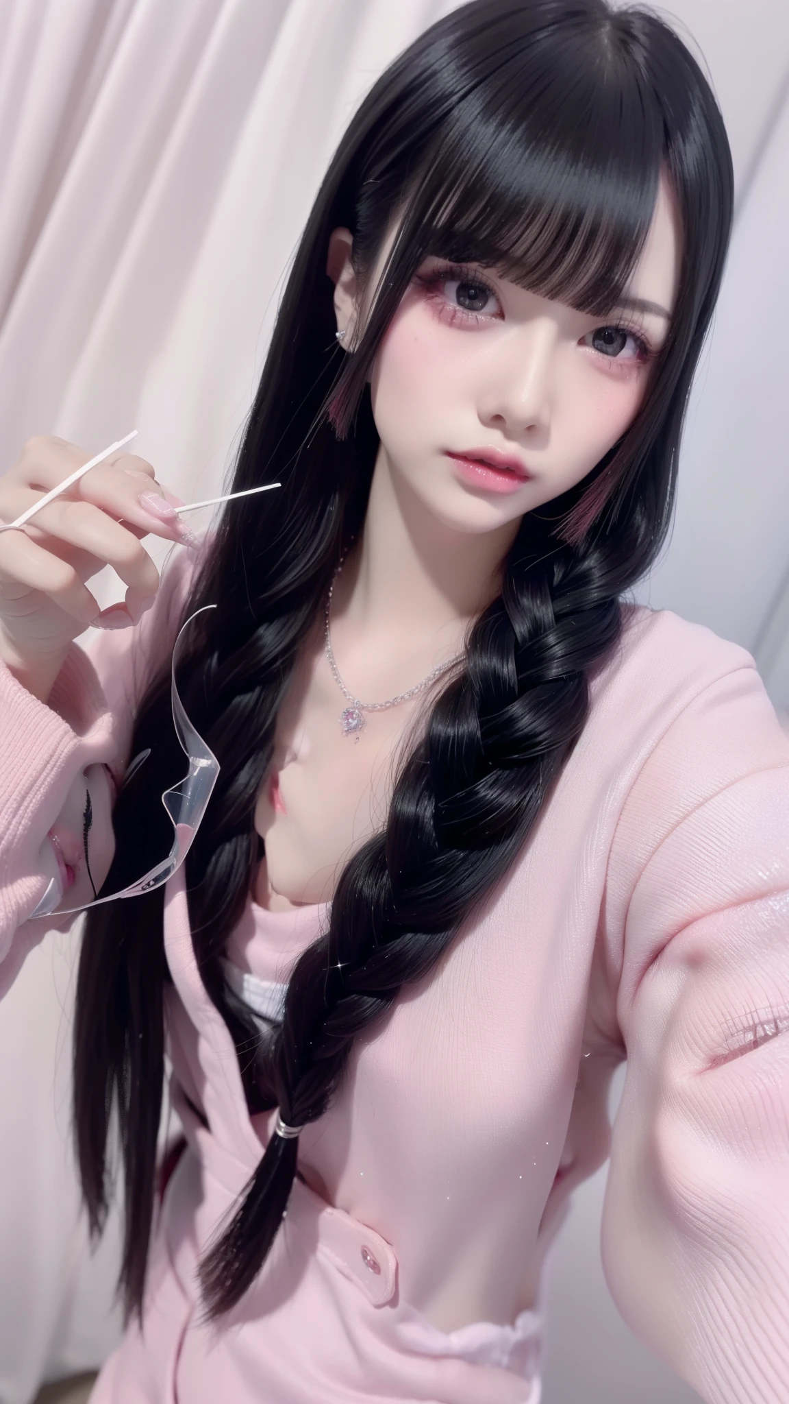top-quality、8K、32K、​masterpiece、nffsw:1.2)、1girl in、One girl with long hair、Two beautiful Japan women、A dark-haired、braid、Heavy bangs、length hair、

(mega boobs), (((Safe and secure、Zero Two、Everyone、safety sensor、Absolutely safe、SFW:1.8, safety)))、
masterpiece、Official Art:1.2, highest quality, Ultra-high resolution , employment、ultra employment、8k, 32k、(Main light at 45 degrees from the front,Subsidy light、Soft Backlight、A colour palette to suit your mood、Lighting to suit the mood, Accurate human body、Correct five-finger、RAW Photos、reality: 1.4, Written boundary depth, chromatic aberration, Caustics, Wide Light, Cinema Lighting、Ambient lighting、Detailed Background、Background Blur)、((Oily skin:1,5)), Oval Face, pore,(Sparkly red glitter gloss eyeliner:1.1),

( jirai make up:1.2, Colored contact lenses、Lip gloss, Eyebrow、Long eyelashes、Jirai Girl, Jirai Type Makeup:1.3、Long black hair)、sexy nurse uniform、

Big cleavage、Absolute area、Casual love hotels in Japan:1.5, Neon lit room、indoor、Dark Room:1.5、Cozy sexy bedroom、night:1.5)