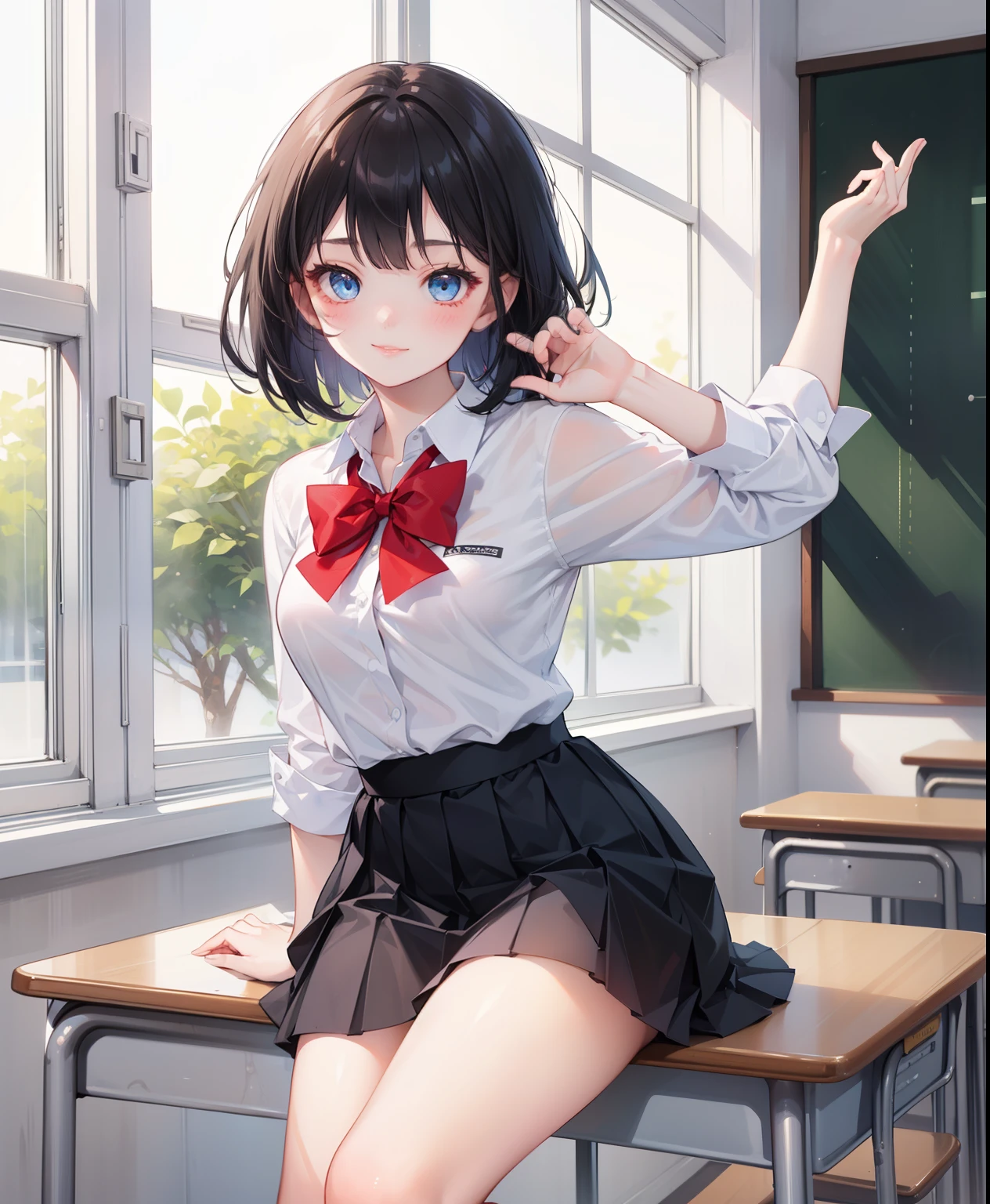 1 girl, 16 years old, Dynamic posing, dynamic angle, Arrange pose,Top quality work,Show Legs,(short black hair),(blue eyes), Rose cheeks, Pretty Face, A perfectly proportioned face, school white shirt with red bow and black skirt, (school uniform), (school white shirt), white stockings,school, in classroom, smilling