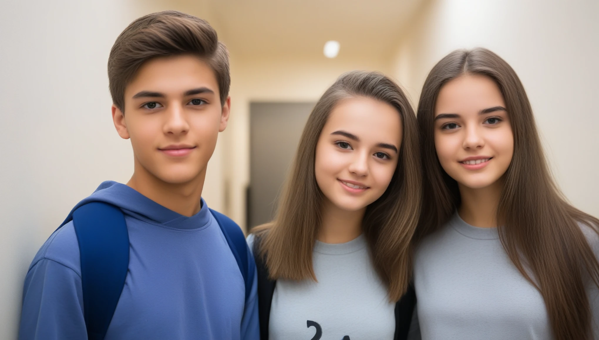 three teenage students , in the school hallway, student clothing, perfect face, detailed face ,parece inteligente, fotografia, foto, smart appearance, imagem de estoque, arte em alta, foto, retrato de alta qualidade, instagram post, cintilante, good looking, a foto, foto de retrato