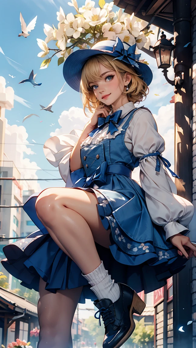 uekura, One girl, Blonde Hair,  Have, dress, Blue footwear, wing, Simple Background, sign, flower, Manicure, Wide sleeves, Long sleeve, blush, animal, white flower, alone, whole body, bird, View Viewer, High heels, Put your hand on your cheek, put your hand on your face, Frills, bow, bangs, ribbon, Bell, Blue hat, +_+, shoes下, short hair, Grey Eyes, shoes, Blue Claws, feathered wing, blue bow