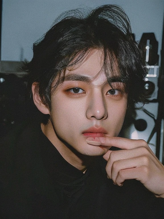 Kim Taehyung, with index finger in mouth, Taehyung cara adorable, ojos hinchados, labios carnosos.