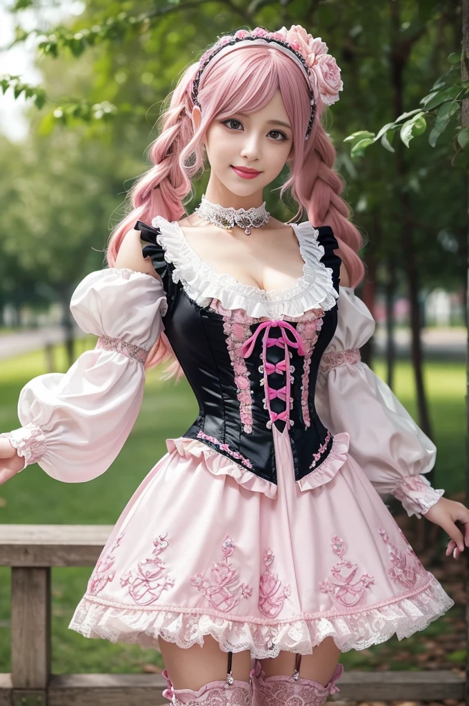 sexy stylish female model, only 1 female, ((doll-like appearance)), long neon pink stylish hair, ((ultra detailed Victorian-Style boots)), beautiful smile, ultra detailed eyes, vivid eye makeup, lipgloss, long lashes, defined eyebrows, ((sexy Paradise Kiss cosplay)), bell-shaped skirt, petticoats, high neckline, puffed sleeves, (( ultra detailed lace)), ((ultra detailed embroidery)), intricate details, Paradise Kiss accessoires and matching headpiece, choker, ((large sparkling Paradise Kiss jewelry)), cinematic light, detailed large park background with trees 