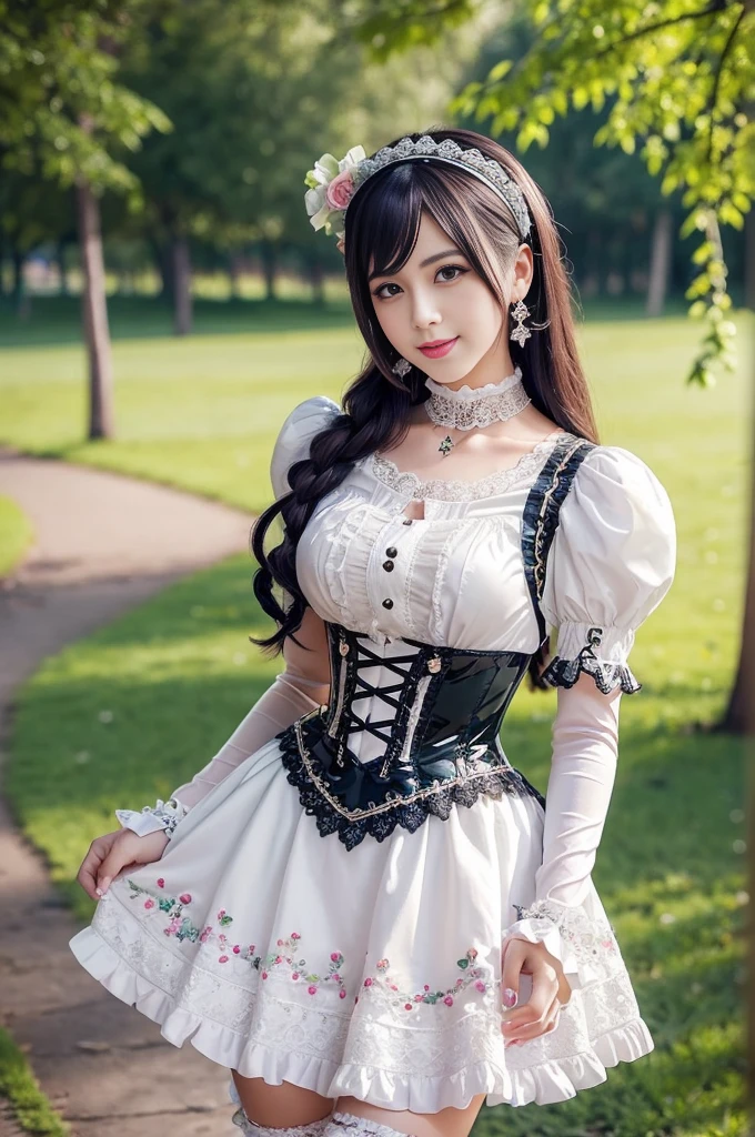 sexy stylish Swedish model, only 1 female, ((doll-like appearance)), ((shiny Victorian-Style boots)), beautiful smile, ultra detailed eyes, vivid eye makeup, lipgloss, long lashes, defined eyebrows, ((sexy Paradise Kiss cosplay)), bell-shaped skirt, petticoats, high neckline, puffed sleeves, (( ultra detailed lace)), ((ultra detailed embroidery)), intricate details, Paradise Kiss accessoires and matching headpiece, choker, ((large sparkling Paradise Kiss jewelry)), cinematic light, detailed large park background with trees