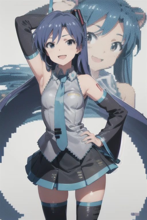 (((pixel-perfect, detail-perfect))), solo, 1girl, chihaya kisaragi, miku outfit, sleeveless shirt, grey shirt, detached sleeves, necktie, arm tattoo, skirt, thighhighs, thigh boots, looking at viewer, :d, smile