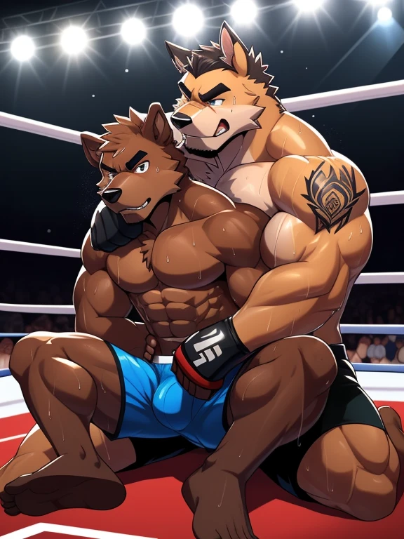 Duo male(Brown Dog vs Brown Dog, handsomes, perfect eyes, Thick eyebrows), gay(sitting on the ground, legs on legs, cuddling embraced from behind, in a boxing ring), hot(Shirtless), handsomes(They are handsomes, correct anatomy), musculosos(Big muscle bodies, Six packs, muscle abs, big pecs, muscle backs), sweaty(very sweaty wet bodies, shiny sweat), tatuajes(they have tattoos), Angry(They have an angry expression), UFC gloves(They both are wearing black UFC gloves), boxers(They both are wearing black UFC boxers), Hight resolution