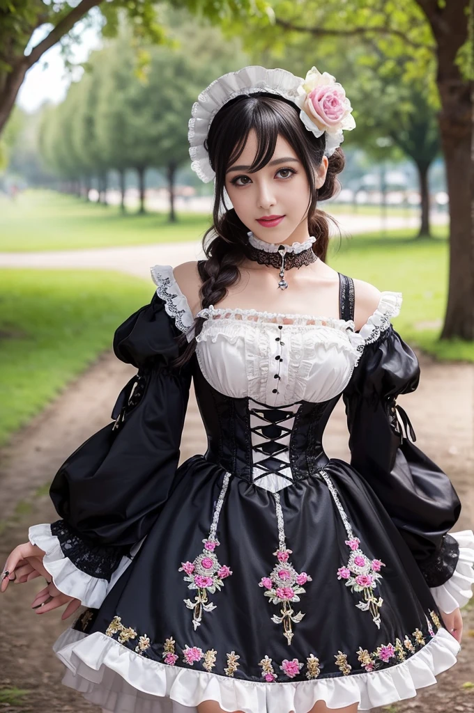 sexy stylish Spanish model, only 1 female, ((doll-like appearance)), ((ultra detailed Victorian-Style boots)), beautiful smile, ultra detailed eyes, vivid eye makeup, lipgloss, long lashes, defined eyebrows, ((sexy Paradise Kiss cosplay)), bell-shaped skirt, petticoats, high neckline, puffed sleeves, (( ultra detailed lace)), ((ultra detailed embroidery)), intricate details, Paradise Kiss accessoires and matching headpiece, choker, ((large sparkling Paradise Kiss jewelry)), cinematic light, detailed large park background with trees