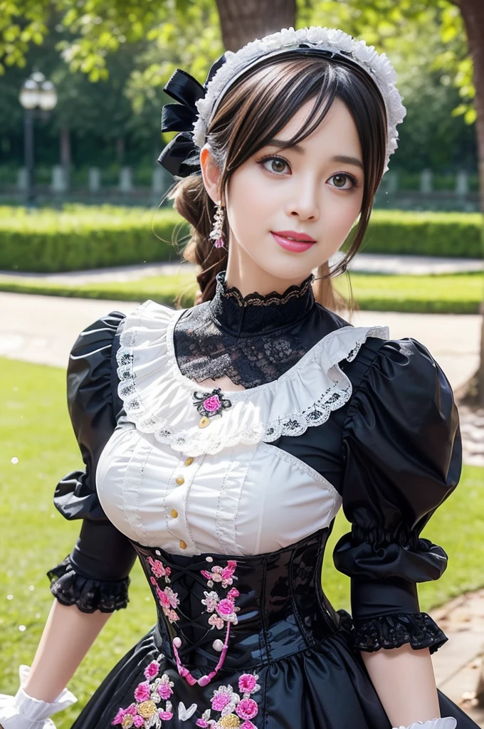 sexy stylish female model, only 1 female, ((doll-like appearance)), ((ultra detailed Victorian-Style boots)), beautiful smile, ultra detailed eyes, vivid eye makeup, lipgloss, long lashes, defined eyebrows, ((sexy Paradise Kiss cosplay)), bell-shaped skirt, petticoats, high neckline, puffed sleeves, (( ultra detailed lace)), ((ultra detailed embroidery)), intricate details, Paradise Kiss accessoires and matching headpiece, choker, ((large sparkling Paradise Kiss jewelry)), cinematic light, detailed large park background with trees