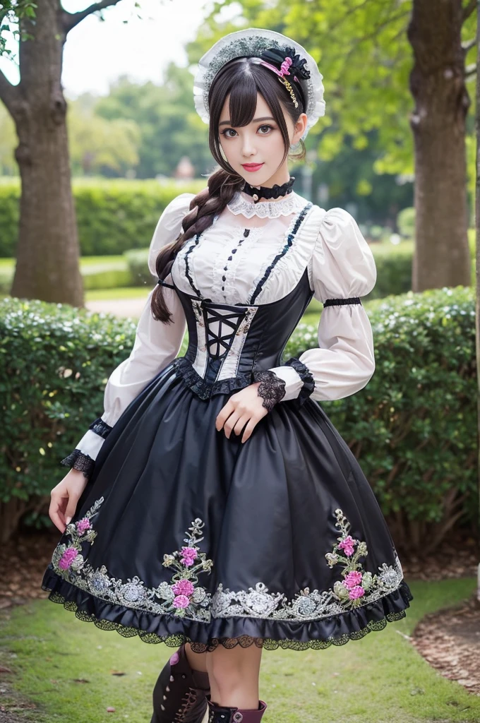 sexy stylish female model, only 1 female, ((doll-like appearance)), ((ultra detailed Victorian-Style boots)), beautiful smile, ultra detailed eyes, vivid eye makeup, lipgloss, long lashes, defined eyebrows, ((sexy Paradise Kiss cosplay)), bell-shaped skirt, petticoats, high neckline, puffed sleeves, (( ultra detailed lace)), ((ultra detailed embroidery)), intricate details, Paradise Kiss accessoires and matching headpiece, choker, ((large sparkling Paradise Kiss jewelry)), cinematic light, detailed large park background with trees 