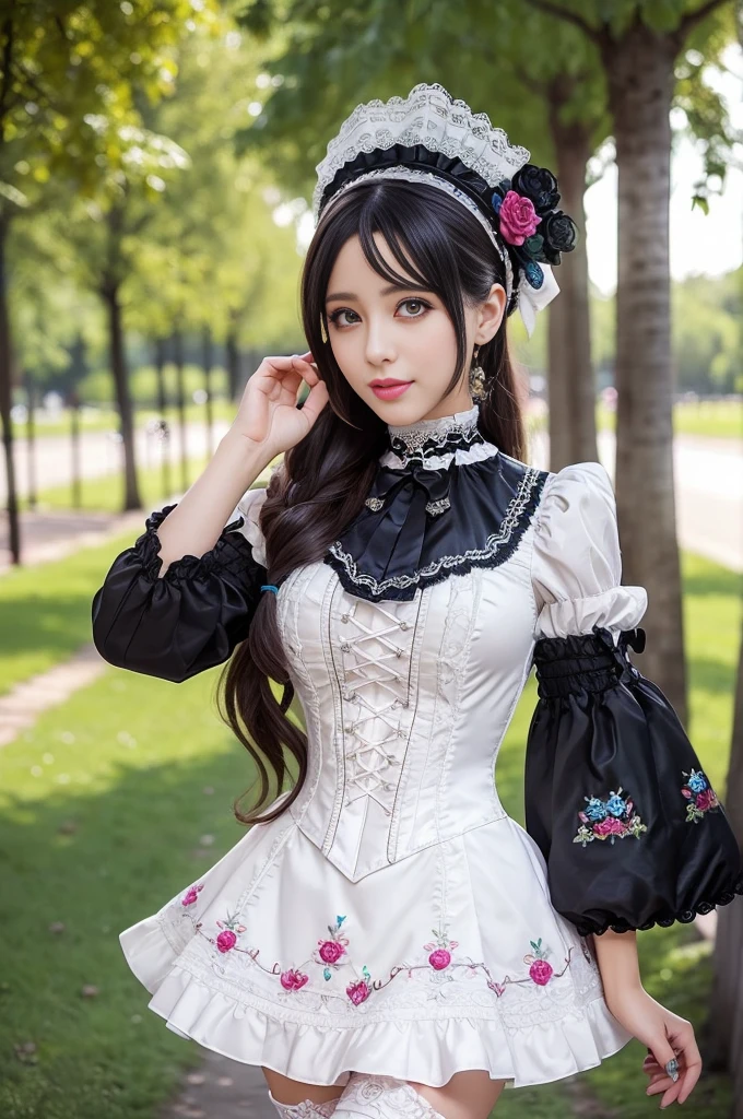 sexy stylish Swedish model, only 1 female, ((doll-like appearance)), ((ultra detailed Victorian-Style boots)), beautiful smile, ultra detailed eyes, vivid eye makeup, lipgloss, long lashes, defined eyebrows, ((sexy Paradise Kiss cosplay)), bell-shaped skirt, petticoats, high neckline, puffed sleeves, (( ultra detailed lace)), ((ultra detailed embroidery)), intricate details, Paradise Kiss accessoires and matching headpiece, choker, ((large sparkling Paradise Kiss jewelry)), cinematic light, detailed large park background with trees 