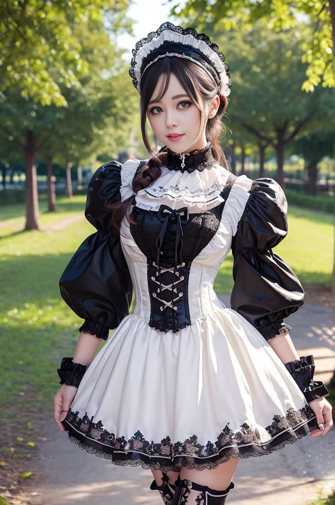 sexy stylish Swedish model, only 1 female, ((doll-like appearance)), ((ultra detailed Victorian-Style boots)), beautiful smile, ultra detailed eyes, vivid eye makeup, lipgloss, long lashes, defined eyebrows, ((sexy Paradise Kiss cosplay)), bell-shaped skirt, petticoats, high neckline, puffed sleeves, (( ultra detailed lace)), ((ultra detailed embroidery)), intricate details, Paradise Kiss accessoires and matching headpiece, choker, ((large sparkling Paradise Kiss jewelry)), cinematic light, detailed large park background with trees