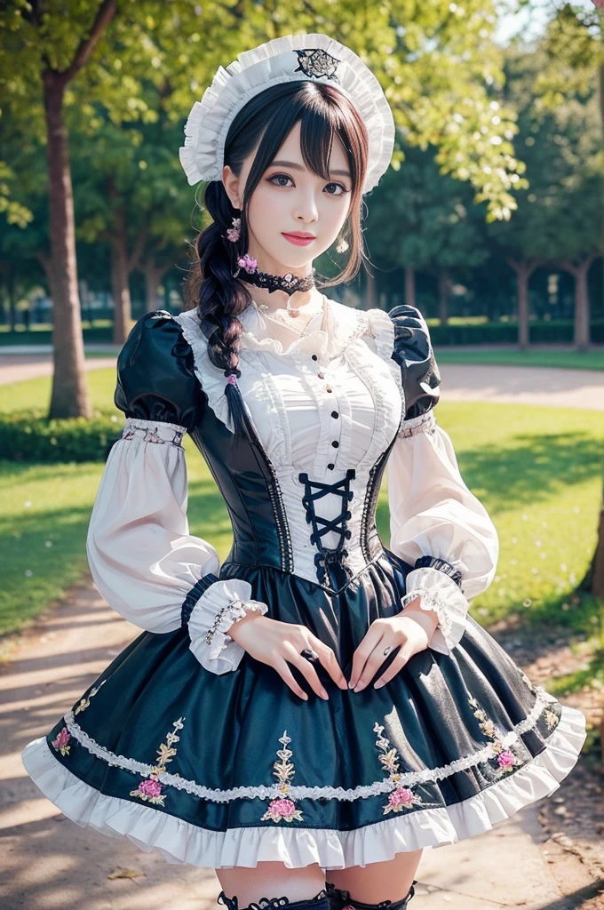 sexy stylish Swedish model, only 1 female, ((doll-like appearance)), ((ultra detailed Victorian-Style boots)), beautiful smile, ultra detailed eyes, vivid eye makeup, lipgloss, long lashes, defined eyebrows, ((sexy Paradise Kiss cosplay)), bell-shaped skirt, petticoats, high neckline, puffed sleeves, (( ultra detailed lace)), ((ultra detailed embroidery)), intricate details, Paradise Kiss accessoires and matching headpiece, choker, ((large sparkling Paradise Kiss jewelry)), cinematic light, detailed large park background with trees