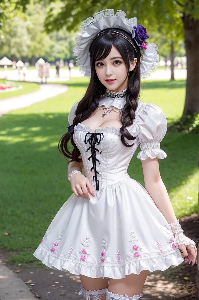sexy stylish Spanish model, only 1 female, ((doll-like appearance)), ((ultra detailed Victorian-Style boots)), beautiful smile, ultra detailed eyes, vivid eye makeup, lipgloss, long lashes, defined eyebrows, ((sexy Paradise Kiss cosplay)), bell-shaped skirt, petticoats, high neckline, puffed sleeves, (( ultra detailed lace)), ((ultra detailed embroidery)), intricate details, Paradise Kiss accessoires and matching headpiece, choker, ((large sparkling Paradise Kiss jewelry)), cinematic light, detailed large park background with trees
