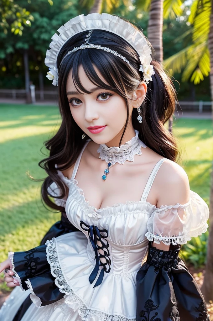 (nsfw), sexy stylish Thai model, only 1 female, ((doll-like appearance)), short Mahogany stylish hair, ((shiny Victorian-Style boots)), (big smile), ultra detailed eyes, vivid eye makeup, lipgloss, long lashes, defined eyebrows, ((sexy Paradise Kiss cosplay)), bell-shaped skirt, petticoats, high neckline, puffed sleeves, ((ultra detailed lace)), ((ultra detailed embroidery)), intricate details, Paradise Kiss accessoires and matching headpiece, choker, ((large sparkling Paradise Kiss jewelry)), cinematic light, detailed large park background with trees