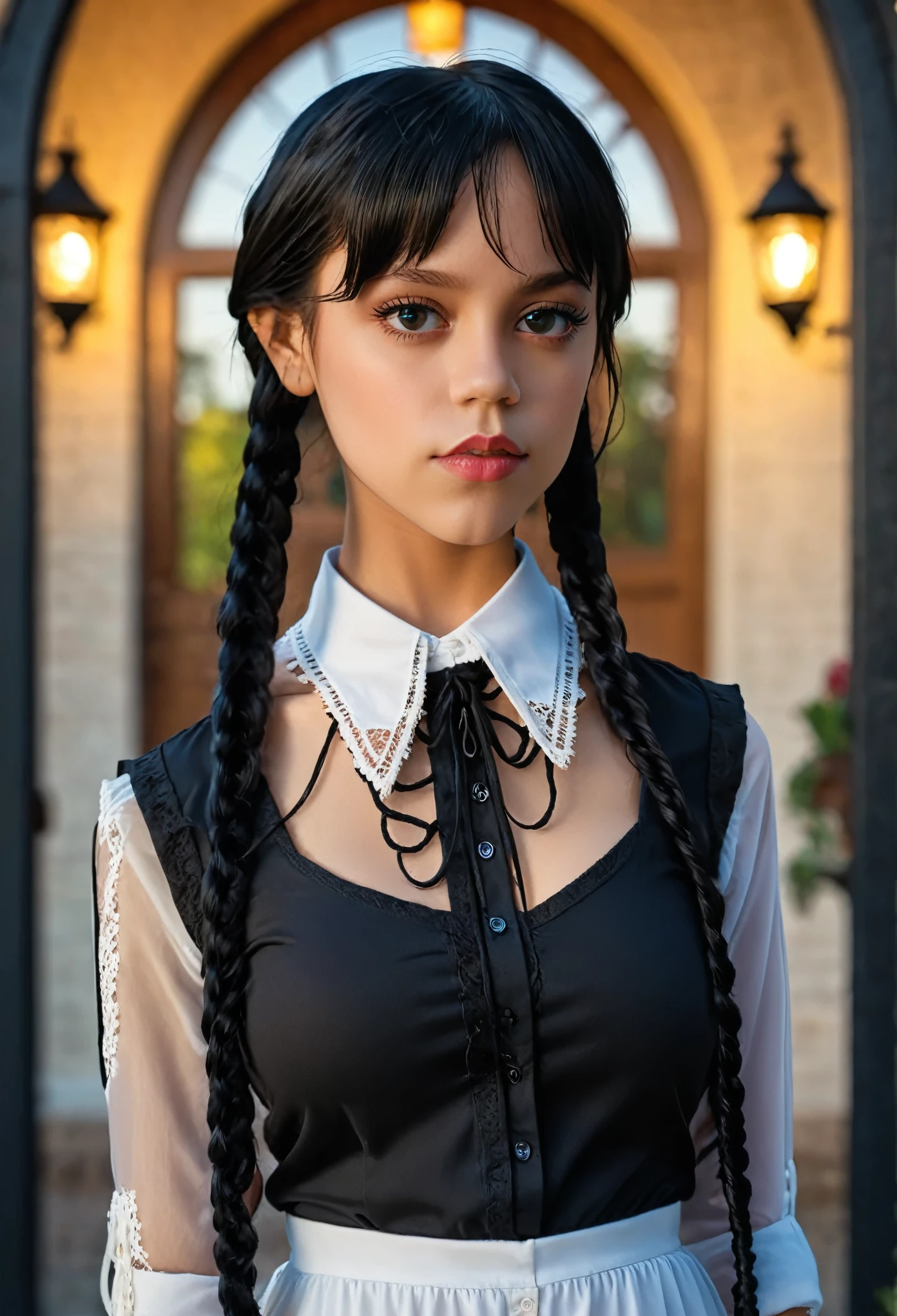 (fullbody):1.8, Arafed woman looks like Jenna Ortega with braids in a ((white dress and laced shirt, big breast):2.9), as Mittwoch Addams, Mittwoch Addams, she has white eyes!!!, Sie hat schwarze Haare mit Pony, with black pigtails, she has a sweet face, ((UnrealEngine5 epic masterpiece, ultra best quality, detailed, ultra sharpness focus, ultra high-resolution, ultra high-definition, UHD, HDR, vibrant DSLR vivid moonset)), colorful lighting, Evelyn Celebrian, blackess elf tanmed skin epic eyes breasts pubic tattoo, looking at viewer, Epic Cute, Eiffel reflection varies multi etc.
