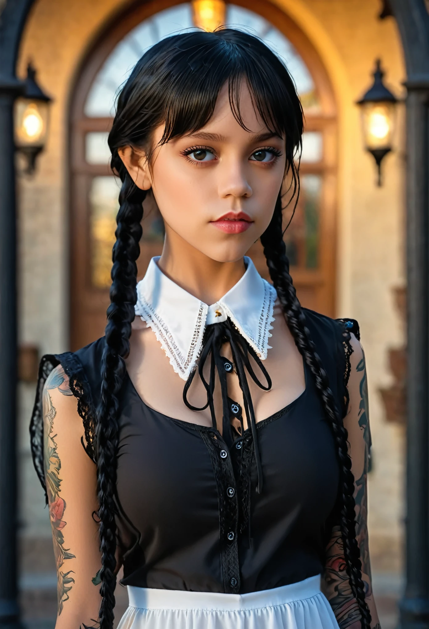 (fullbody):1.8, Arafed woman looks like Jenna Ortega with braids in a ((white dress and laced shirt, big breast):2.9), as Mittwoch Addams, Mittwoch Addams, she has white eyes!!!, Sie hat schwarze Haare mit Pony, with black pigtails, she has a sweet face, ((UnrealEngine5 epic masterpiece, ultra best quality, detailed, ultra sharpness focus, ultra high-resolution, ultra high-definition, UHD, HDR, vibrant DSLR vivid moonset)), colorful lighting, Evelyn Celebrian, blackess elf tanmed skin epic eyes breasts pubic tattoo, looking at viewer, Epic Cute, Eiffel reflection varies multi etc.
