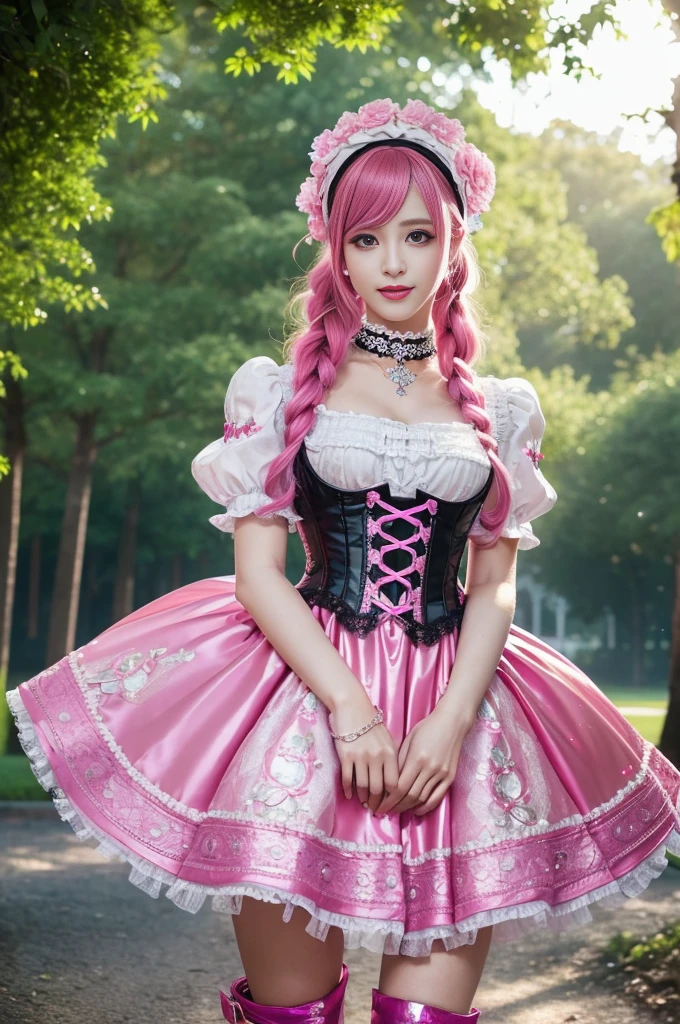 sexy stylish Swedish model, only 1 female, ((doll-like appearance)), long neon pink stylish hair, ((shiny Victorian-Style boots)), beautiful smile, ultra detailed eyes, vivid eye makeup, lipgloss, long lashes, defined eyebrows, ((sexy Paradise Kiss cosplay)), bell-shaped skirt, petticoats, high neckline, puffed sleeves, (( ultra detailed lace)), ((ultra detailed embroidery)), intricate details, Paradise Kiss accessoires and matching headpiece, choker, ((large sparkling Paradise Kiss jewelry)), cinematic light, detailed large park background with trees