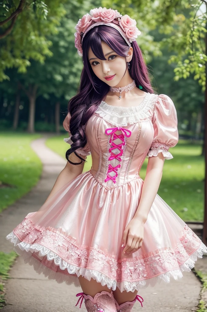 sexy stylish Swedish model, only 1 female, ((doll-like appearance)), long neon pink stylish hair, ((shiny Victorian-Style boots)), beautiful smile, ultra detailed eyes, vivid eye makeup, lipgloss, long lashes, defined eyebrows, ((sexy Paradise Kiss cosplay)), bell-shaped skirt, petticoats, high neckline, puffed sleeves, (( ultra detailed lace)), ((ultra detailed embroidery)), intricate details, Paradise Kiss accessoires and matching headpiece, choker, ((large sparkling Paradise Kiss jewelry)), cinematic light, detailed large park background with trees