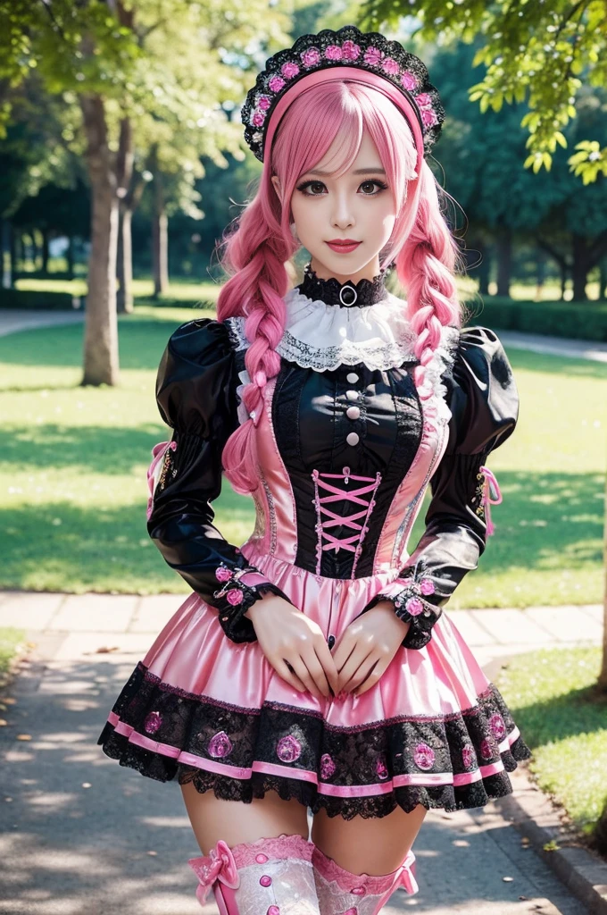 sexy stylish Swedish model, only 1 female, ((doll-like appearance)), long neon pink stylish hair, ((shiny Victorian-Style boots)), beautiful smile, ultra detailed eyes, vivid eye makeup, lipgloss, long lashes, defined eyebrows, ((sexy Paradise Kiss cosplay)), bell-shaped skirt, petticoats, high neckline, puffed sleeves, (( ultra detailed lace)), ((ultra detailed embroidery)), intricate details, Paradise Kiss accessoires and matching headpiece, choker, ((large sparkling Paradise Kiss jewelry)), cinematic light, detailed large park background with trees